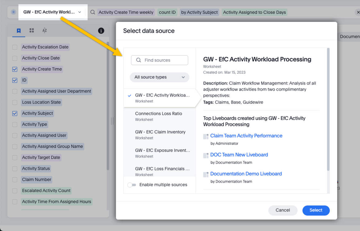 Opening the data sources selector.