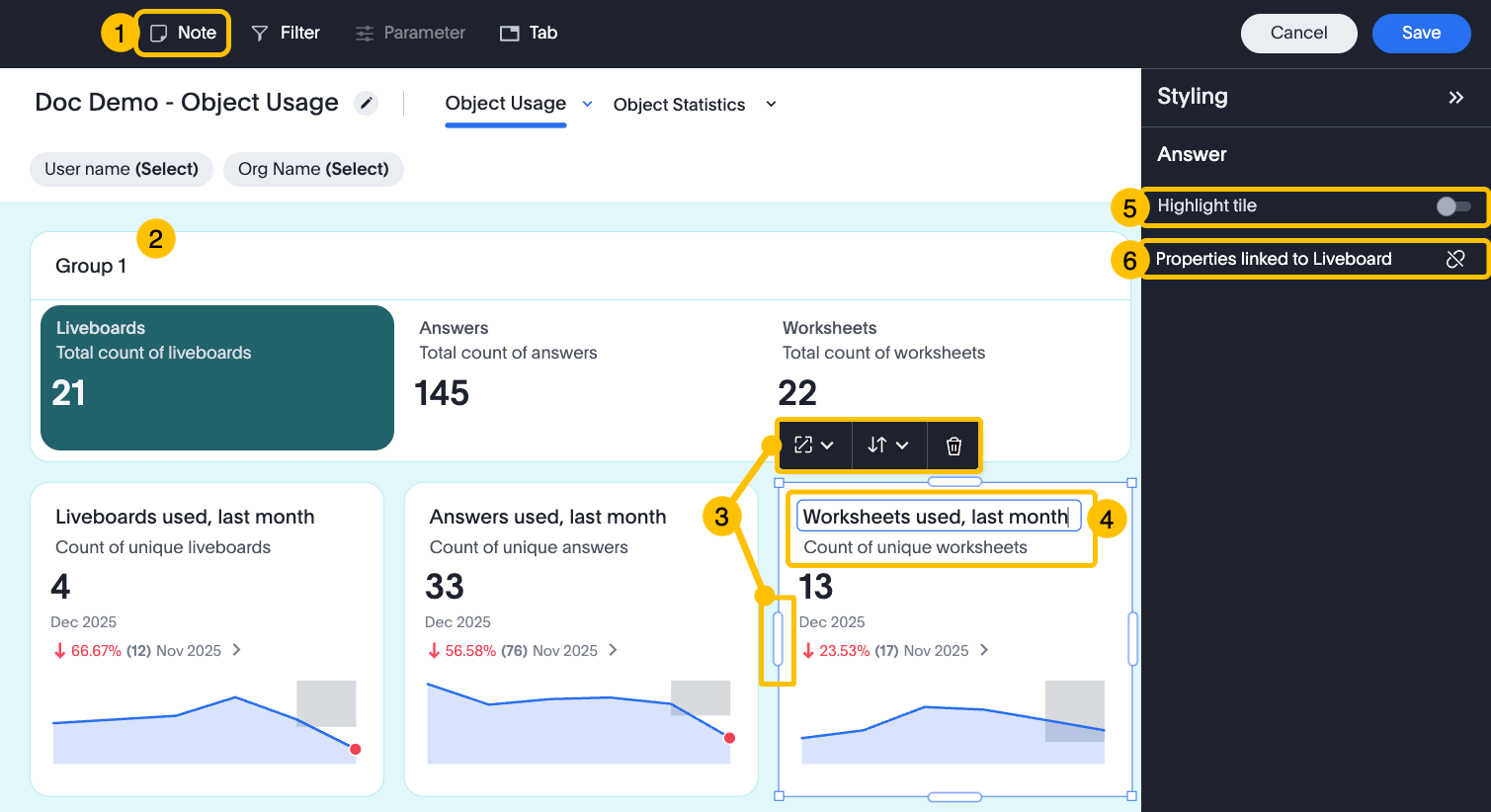 Example liveboard with highlighted tile settings.