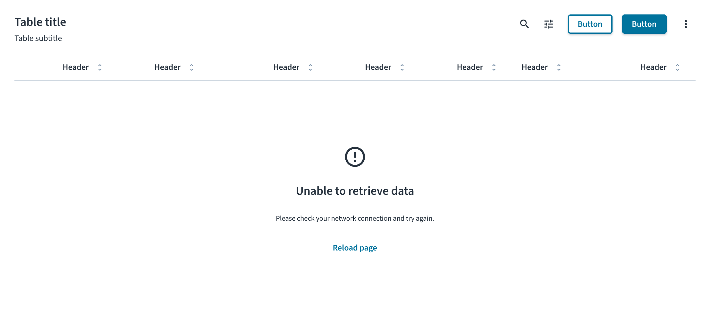 The error state screen, showing a warning icon, the title "Unable to retrieve data," and a "Reload page" button.