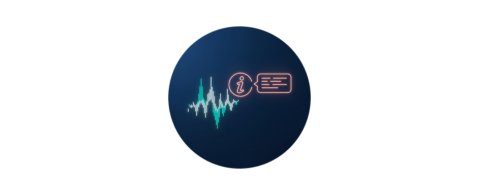 Icon of an info bubble and a text bubble over a waveform, representing explainability.