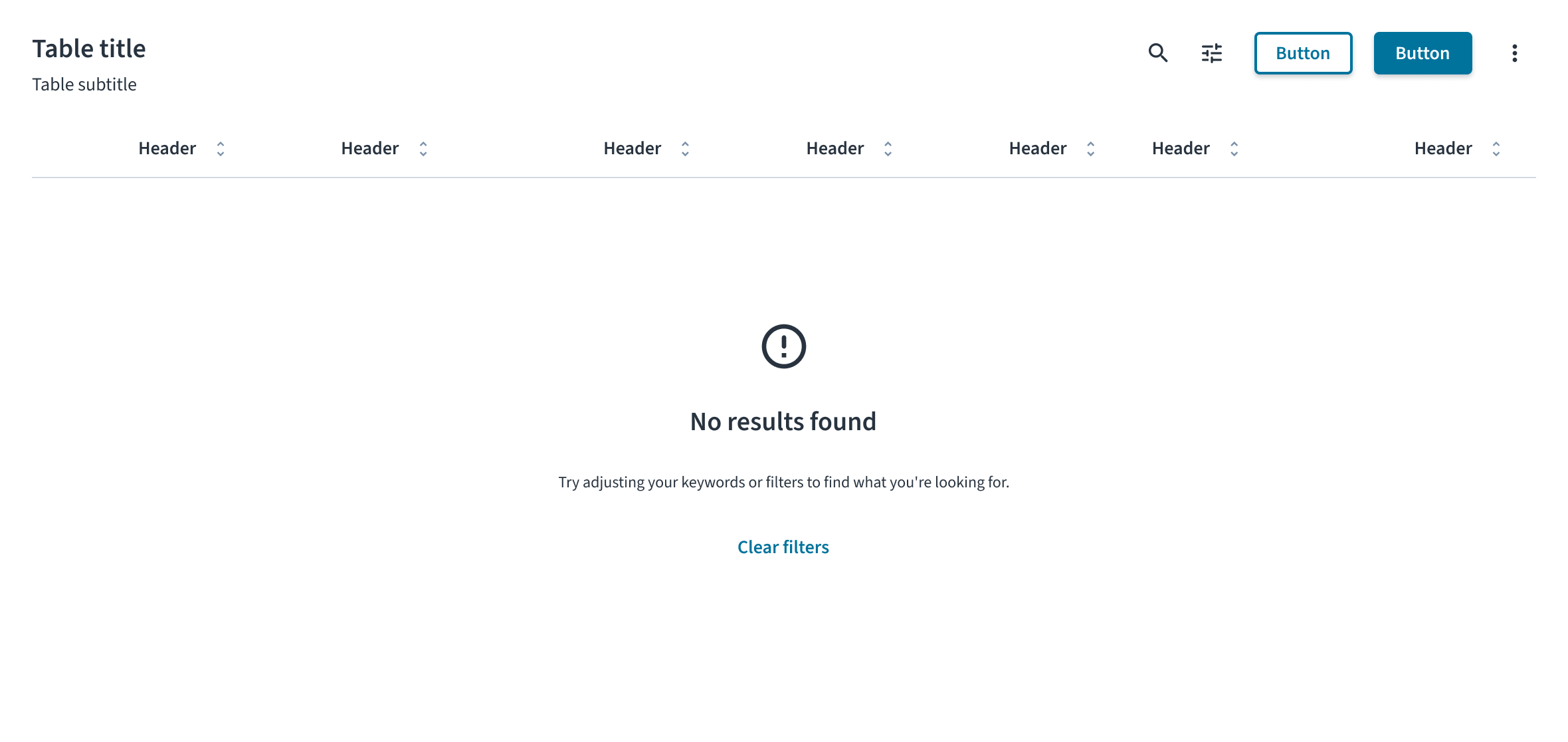 An empty state screen, showing the title "No results found," and a "Clear filters" button. 