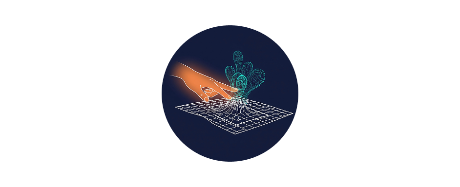 Icon of a hand touching a grid and creating a new abstract shape, representing transformation.