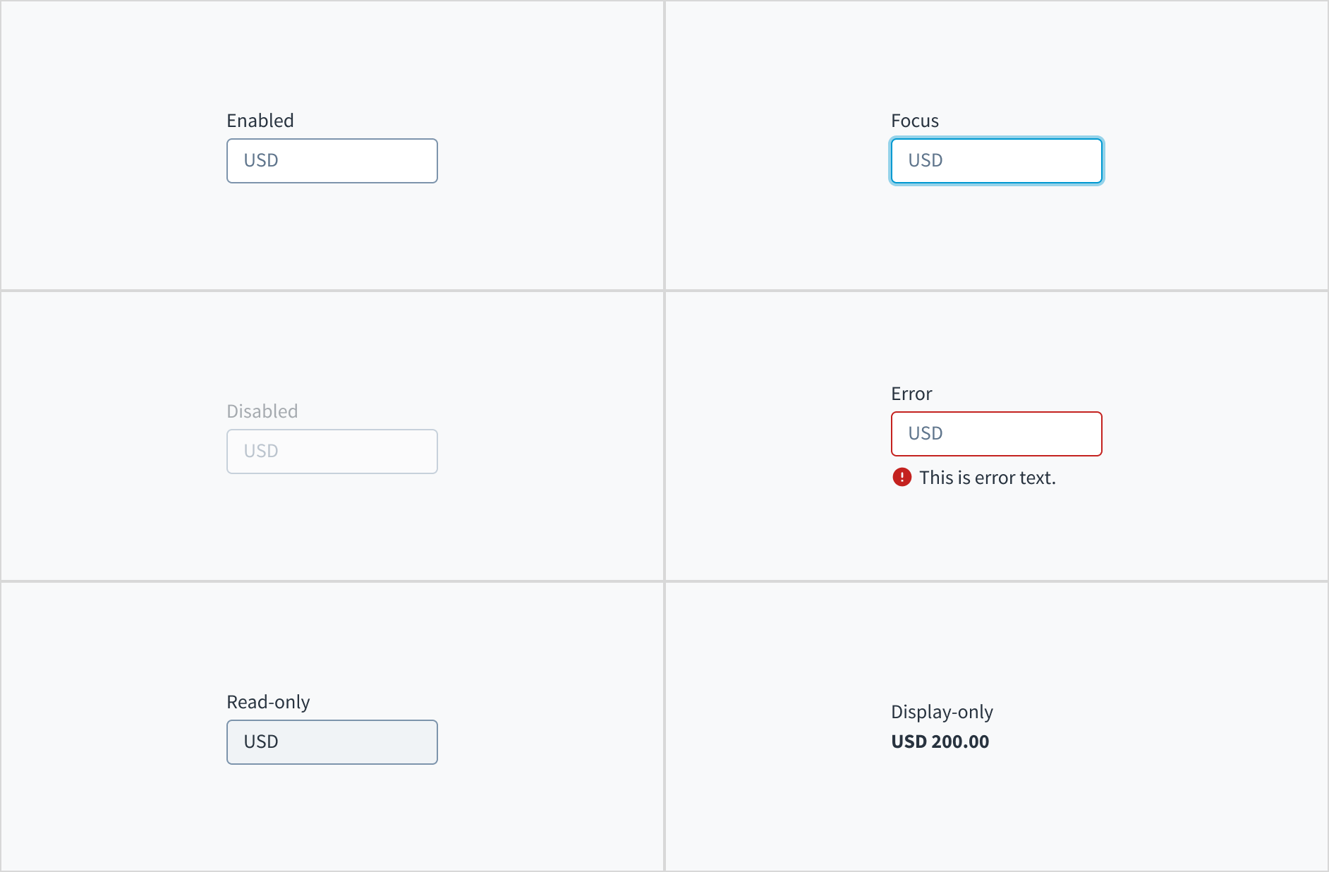 Image that depicts currency input interactive states