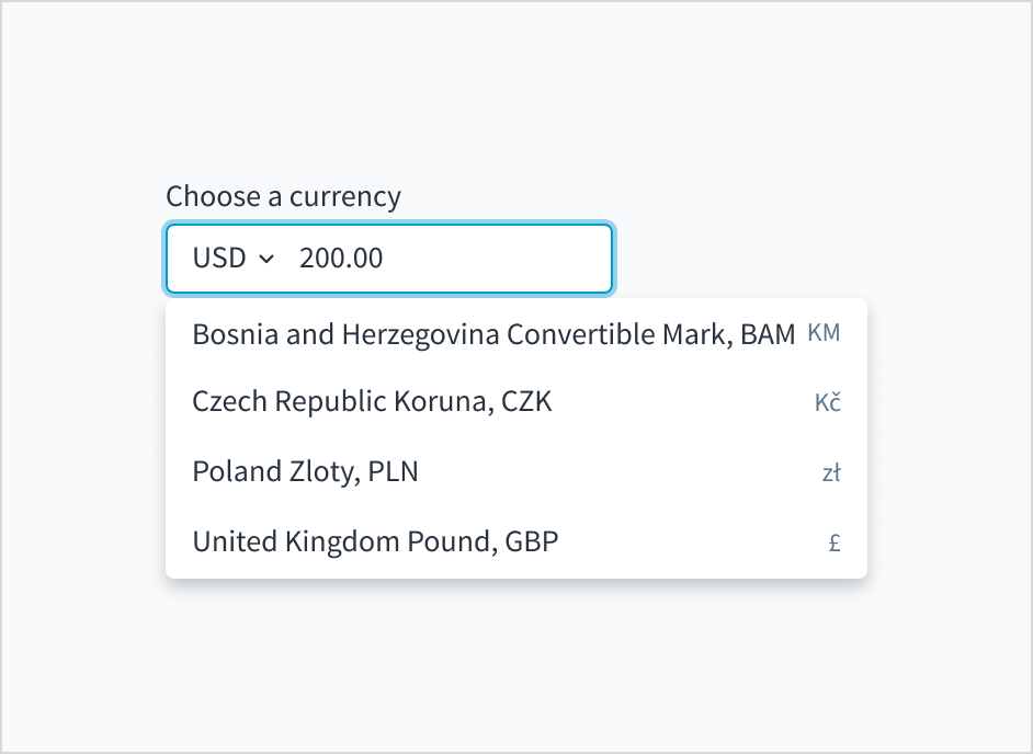 Image that depicts a closed list of currency codes and symbols