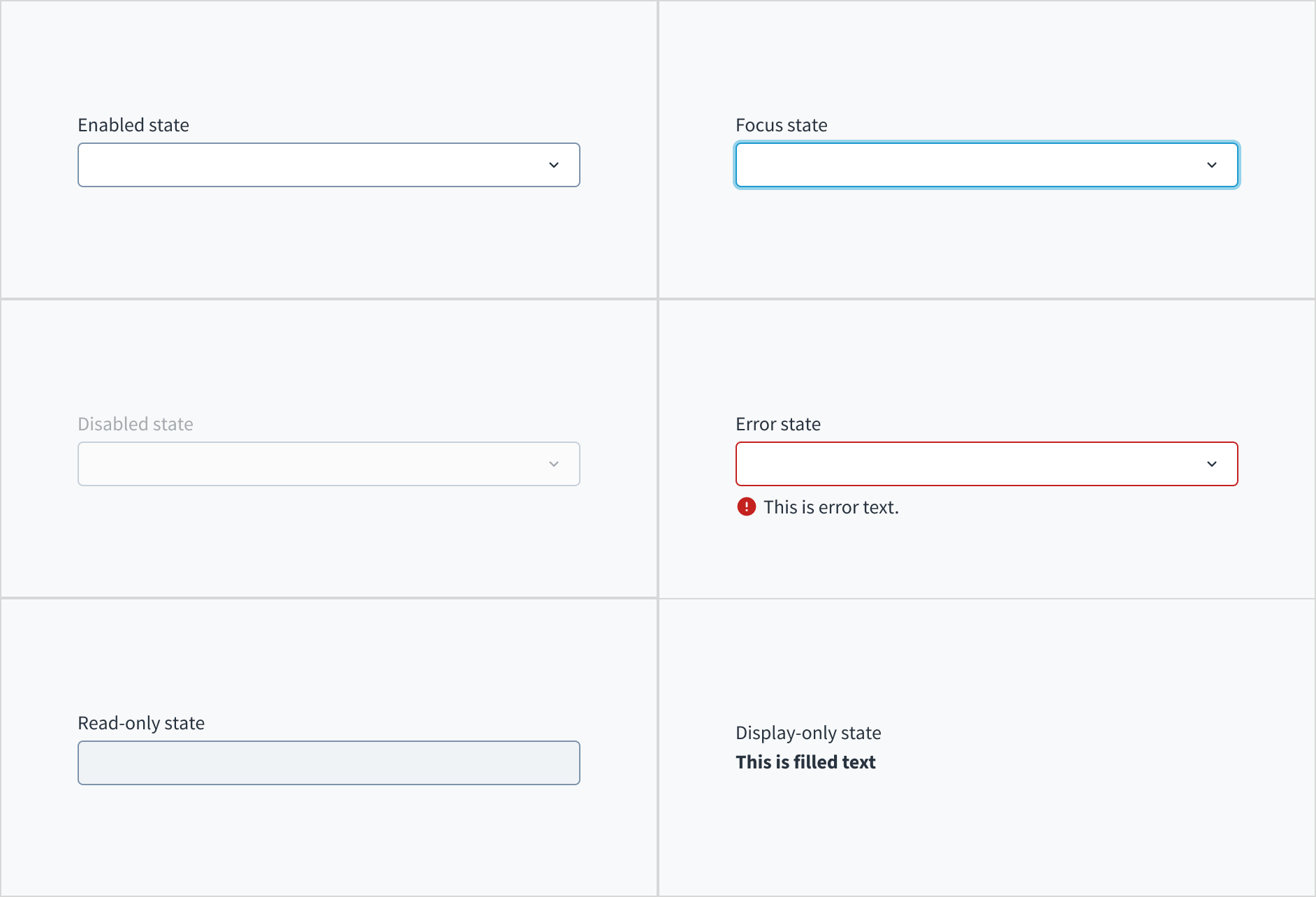 Image illustrating select interactive states: enabled, focus, disabled, error, read-only, and display-only