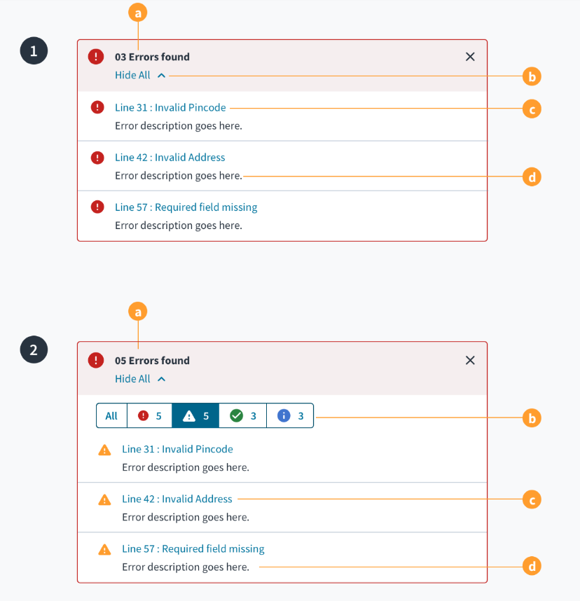 Usage patterns in the UI showing the notification list the errors and where the occur