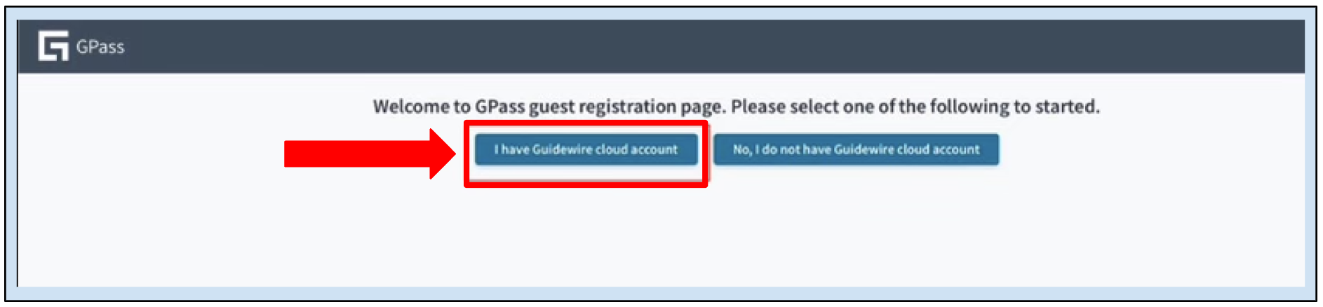 GPass login screen with option to select existing Guidewire Cloud account