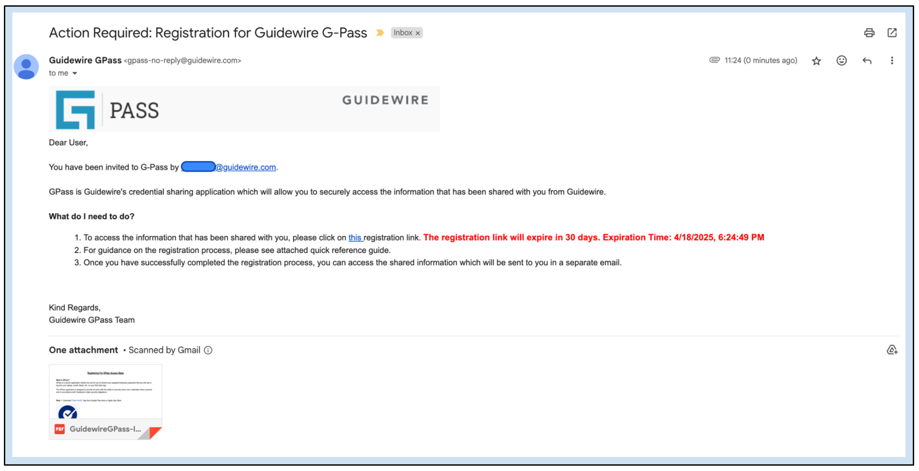 GPass invitation email showing sender address and activation link
